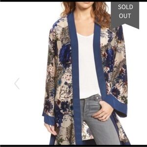 Willow & Clay Velvet Burnout Kimono Duster Robe With Belt Blue Floral XS/S